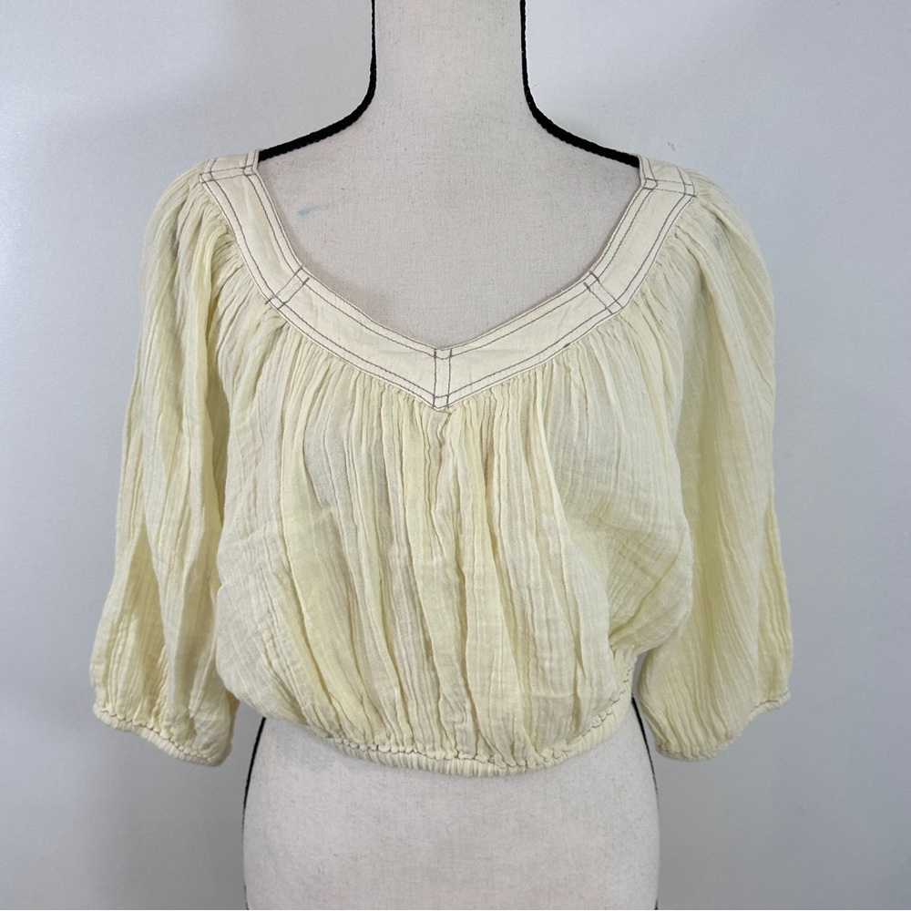 Free People Lou Lou  Cream Puff Sleeve Crop Top